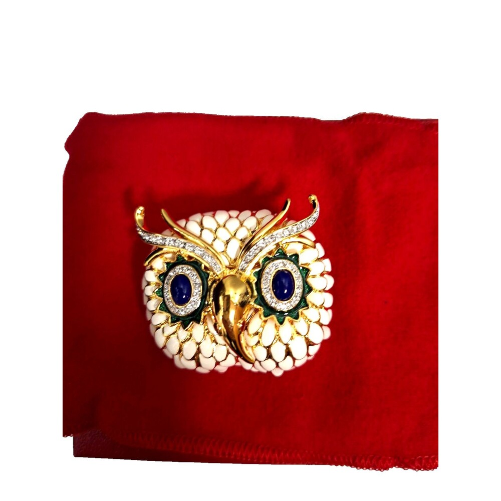 Vintage Kenneth Jay Lane KJL Owl Brooch Pin White‎ Enamel Blue Glass Eyes